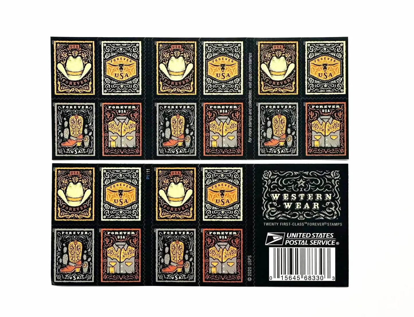 Western Wear (Cowboy Hat, Belt Buckle, Cowboy Boot with Spur, Western Shirt) Forever Postage Stamps USPS
