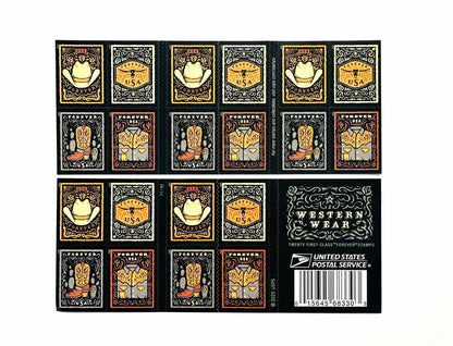 Western Wear (Cowboy Hat, Belt Buckle, Cowboy Boot with Spur, Western Shirt) Forever Postage Stamps